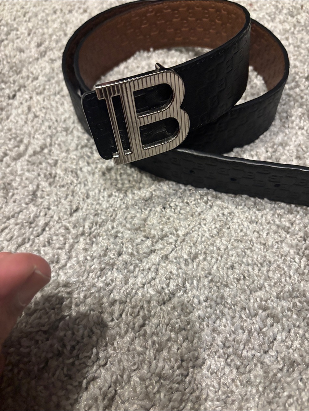 Balmain Black Embossed Leather Belt with Silver B Buckle 95 cm size
